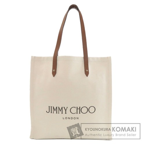 Jimmy Choo Logo Canvas Tote Bag Beige Women Shoulder Handbag 39cm 37cm Authentic