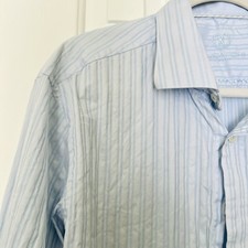 Bugatchi Uomo Light Blue  White Striped Button Down Mens Dress Shirt 18.5 36/37