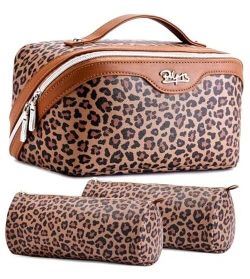 Travel Makeup Bag for Women - 3 Pcs Portable Makeup Bags - 02-A-Brown