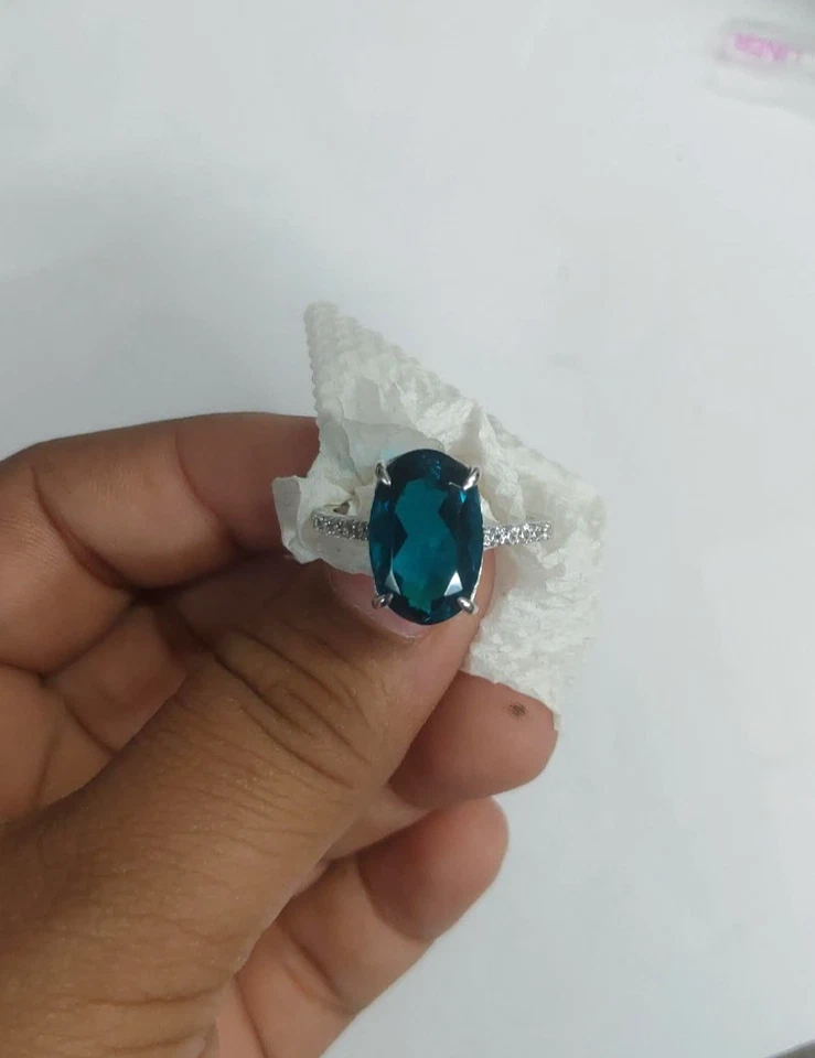 14k White Gold Plated 3 Ct Oval Cut Lab-Created Topaz Blue Engagement Ring - Image 3 of 4