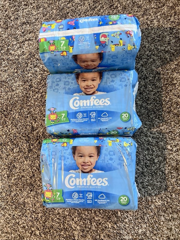60 Ct Comfees premium baby diapers Size 7 Over 41 lbs. 12 Hr Cute Designs