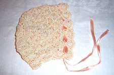 VINTAGE CROCHET BABY BONNET SHELL STITCH PINK SATIN RIBBON APPEARS UNUSED