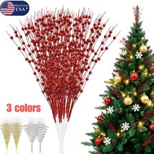 10  Christmas Artificial Glitter Berry Stem Xmas Tree Decor DIY Wreath Crafts US