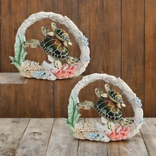 2-PC Gift Set 9.5"W Green Sea Turtle with Baby Swimming Around Coral Figurine