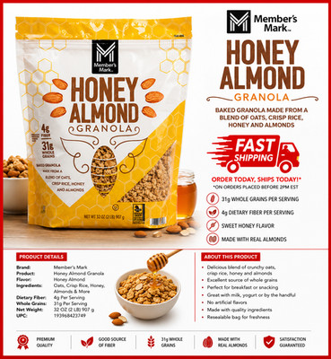 2PACK Member'S Mark Non GMO Honey Almond Granola 32 Oz. Real almonds