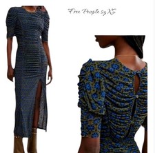 NWT $168 Free People Blue Ruched Bodycon Dress with Puff Sleeves SZ S