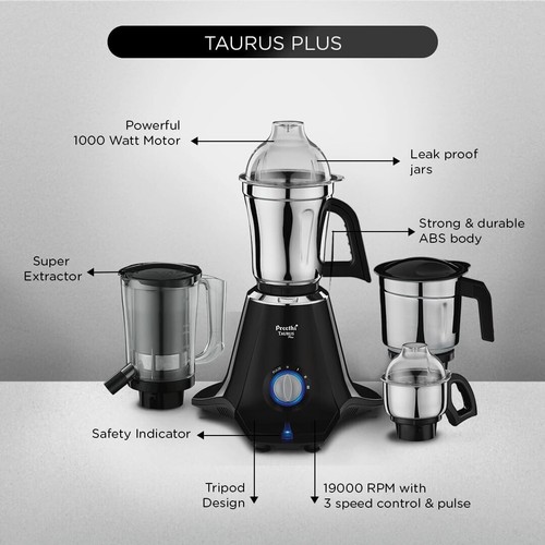 Preethi Taurus Plus MG-257 1000 Watt Mixer Grinder With 4 Jars Black @US - Picture 3 of 4