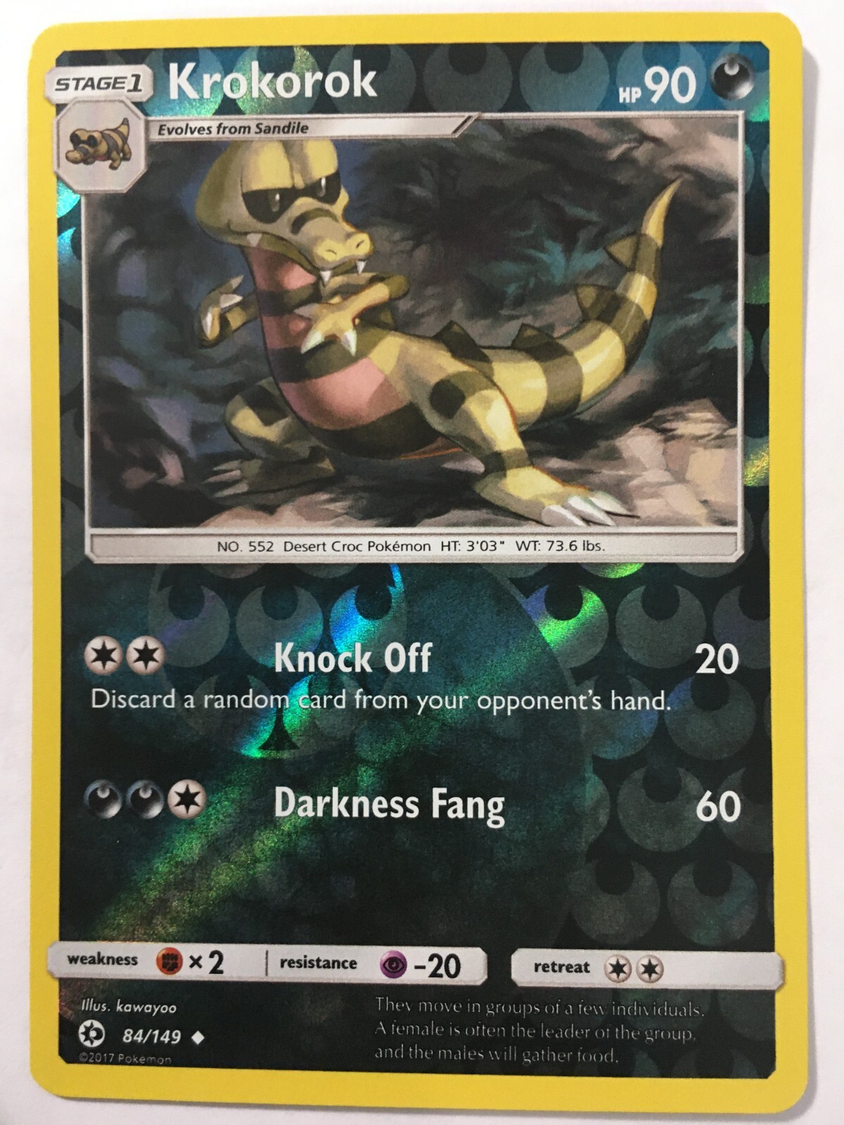 POKEMON KROKOROK 84/149 SUN & MOON BASE SET UNCOMMON REVERSE HOLO NEAR MINT