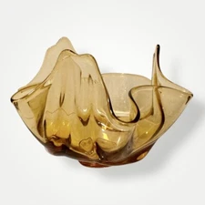 Vintage Viking Art Glass Amber Golden Color Handkerchief Bowl 7.5" W x 5.25”T