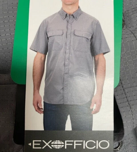EXOFFICIO MENS TERCENA SOLID SHORT SLEEVE METAL SNAP SHIRT (PEBBLE GRAY L) NWOT