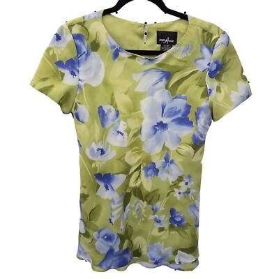 Positive Attitude Womens Sz 10 Tall Green Floral Short Sleeve Blouse