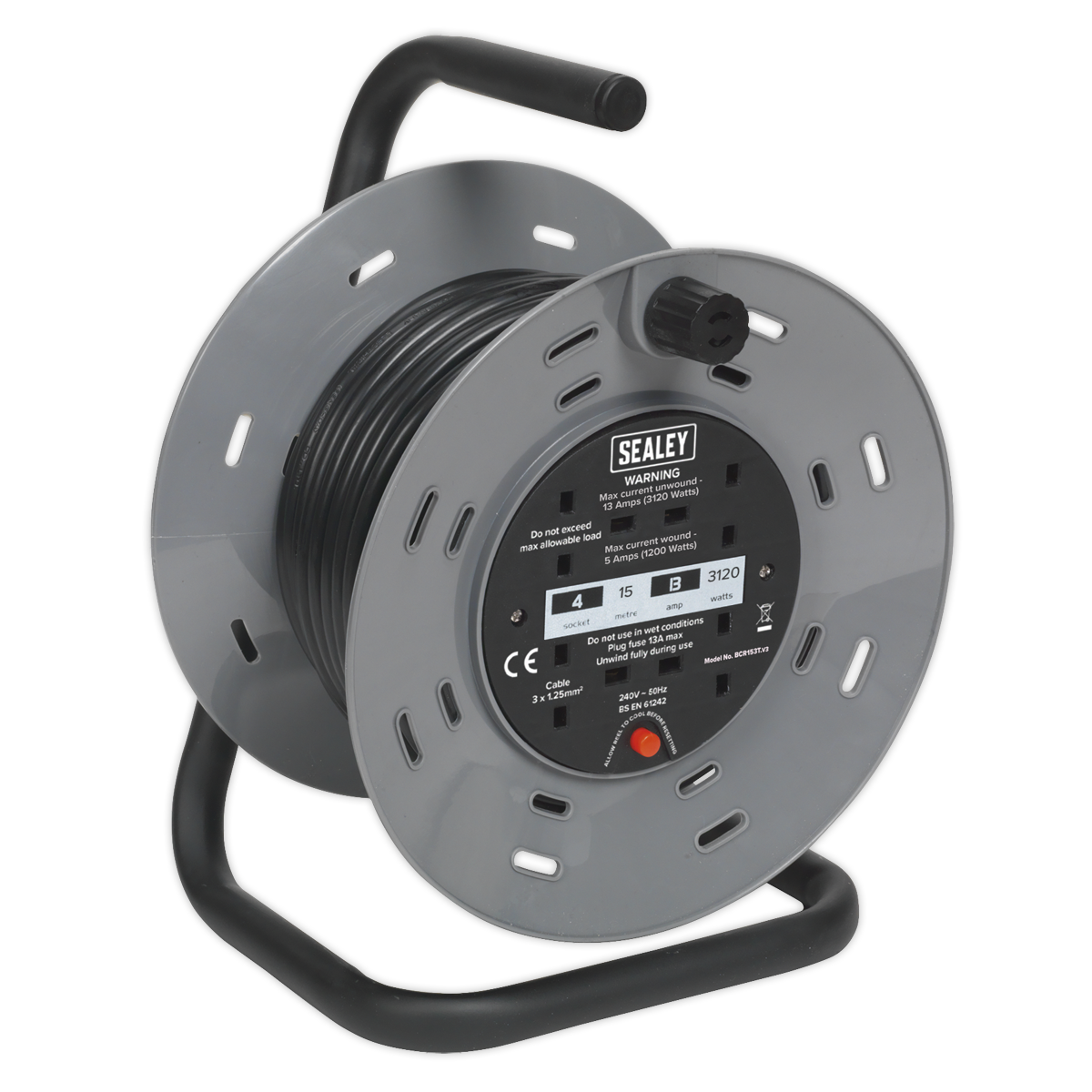 Sealey Cable Reel 15m 4 x 230V Thermal Trip - BCR153T