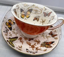 Orange Butterfly Footed Cup And Saucer Set Bone China by Grace Teaware  New