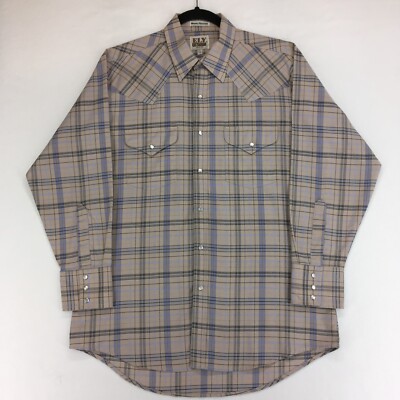 ELY CATTLEMAN Men's Shirt Size 16 Wrinkle Resistant Snap Pearl Plaid Beige