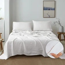 Simple&Opulence 100% French Linen Sheet Set Handmade Hemstitch-4 Pcs Natural ...