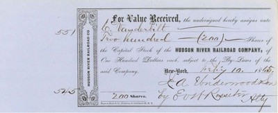 Hudson River Railroad Co. Issued to Commodore Cornelius Vanderbilt and signed