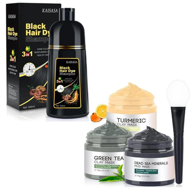 Kaisasa Black Hair Dye Shampoo 3-in-1 & VC Clay Face Mask Bundle, 500ml