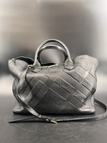 Authentic Burberry Heritage Grain Check Embossed Medium Dewsbury Tote Bag Black