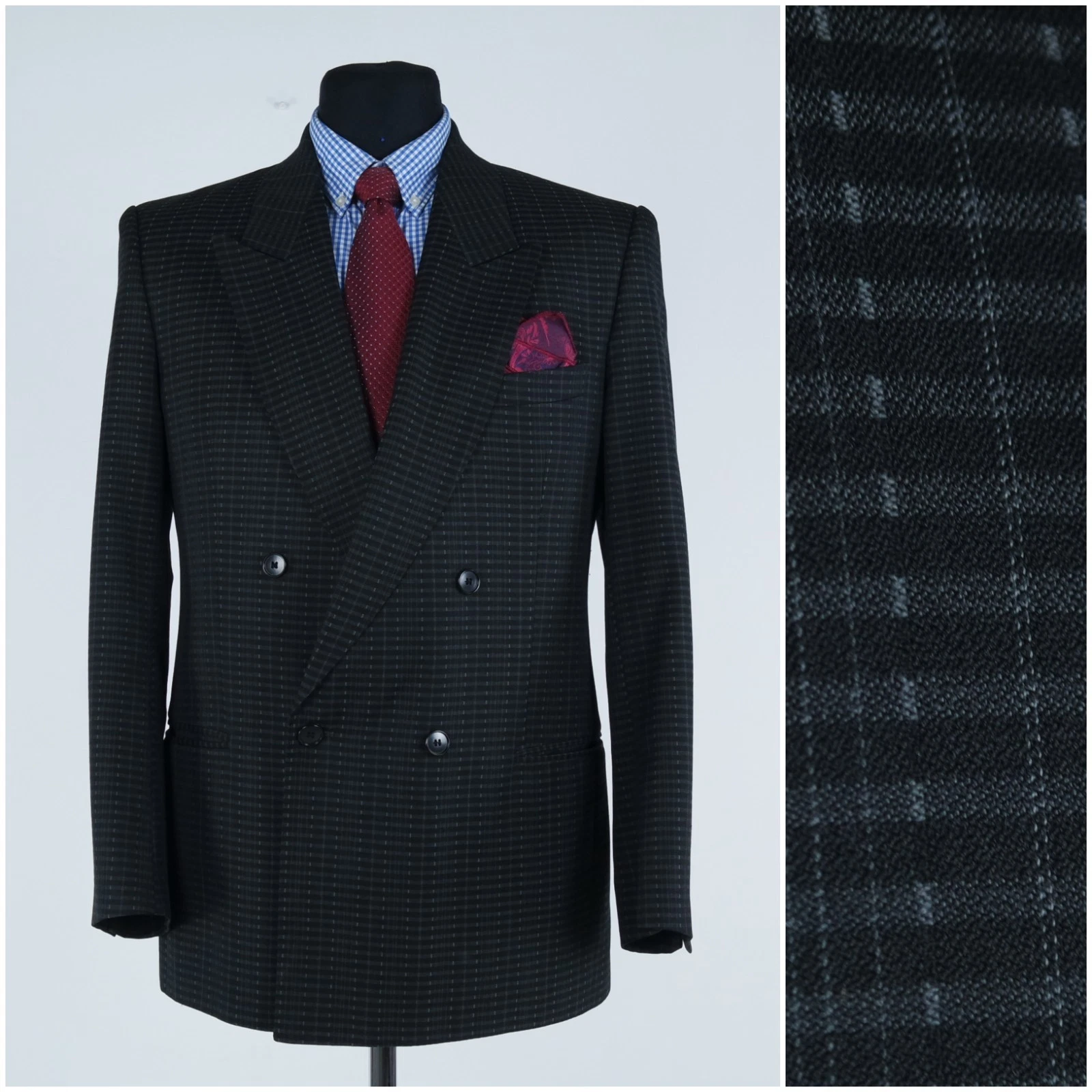 Check Double Breasted Blazer 40R UK Size TREVIRA Mens Black Sport Coat Jacket