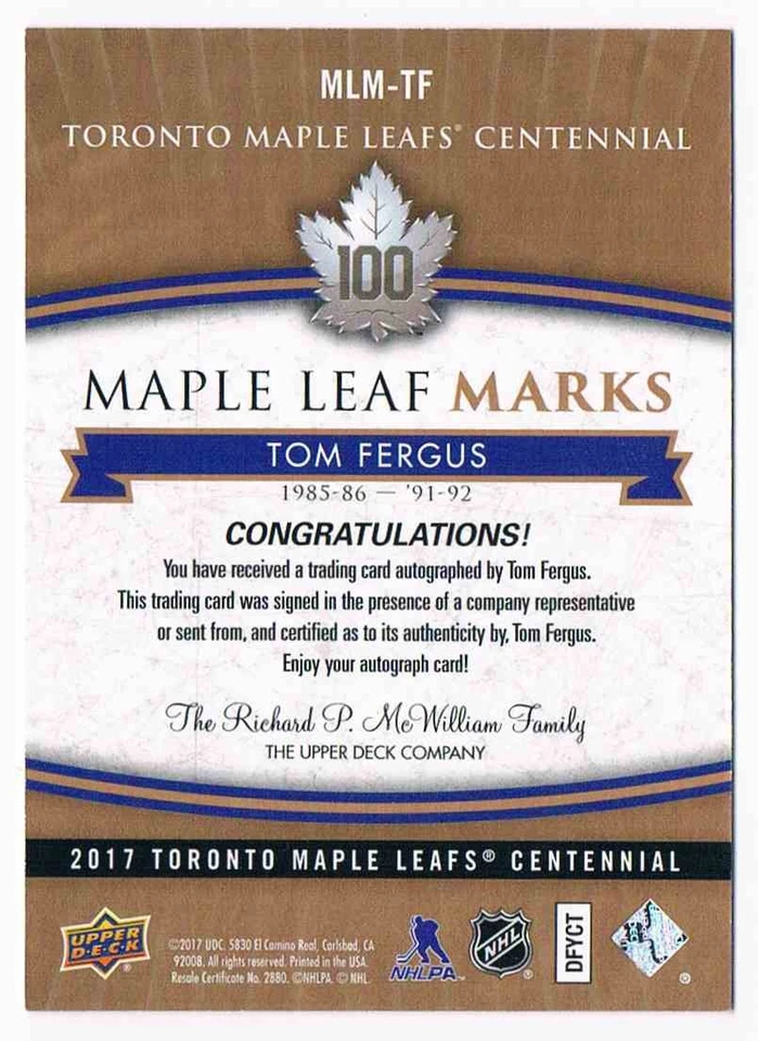 2017-18 MARKS CENTENNIAL AUTOGRAPHS TOM FERGUS TORONTO MAPLE LEAFS #MLM-TF - Image 2 of 2
