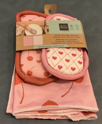 ECO Set Of Two Reusable Washing Up Pads And Two Kitchen Towels Cherries Hearts 