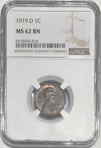 1919 D Lincoln Wheat Cent 1c NGC MS 62 BN - Very Nice Reverse Color!