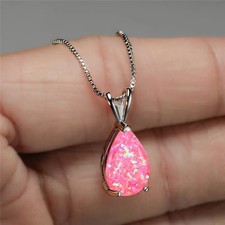 White Opal Stone Pendant Minimalist Droplet Fire Opal Necklace Sterling Silver
