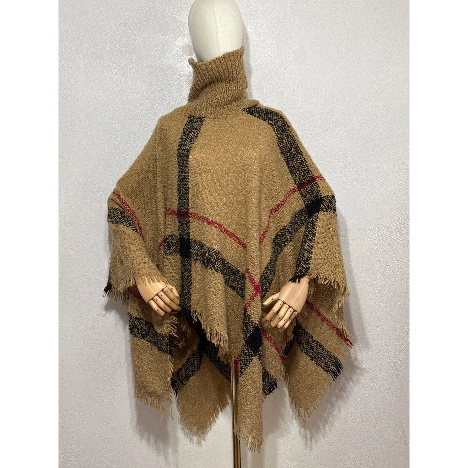 Plaid Funnel Neck / Turtleneck Sweater Poncho OS Brown Preppy Trendy Old Money