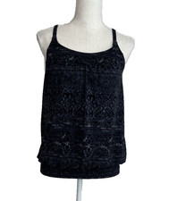 Lands  End Black Grey Paisley Blouson Racerback Tankini Swimsuit Top 8 Shelf Bra