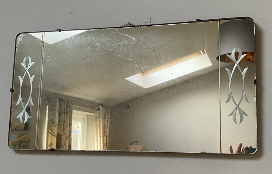 Vintage Art Deco Frameless Cut Glass Wall Mirror Etched Glass Design Timeworn