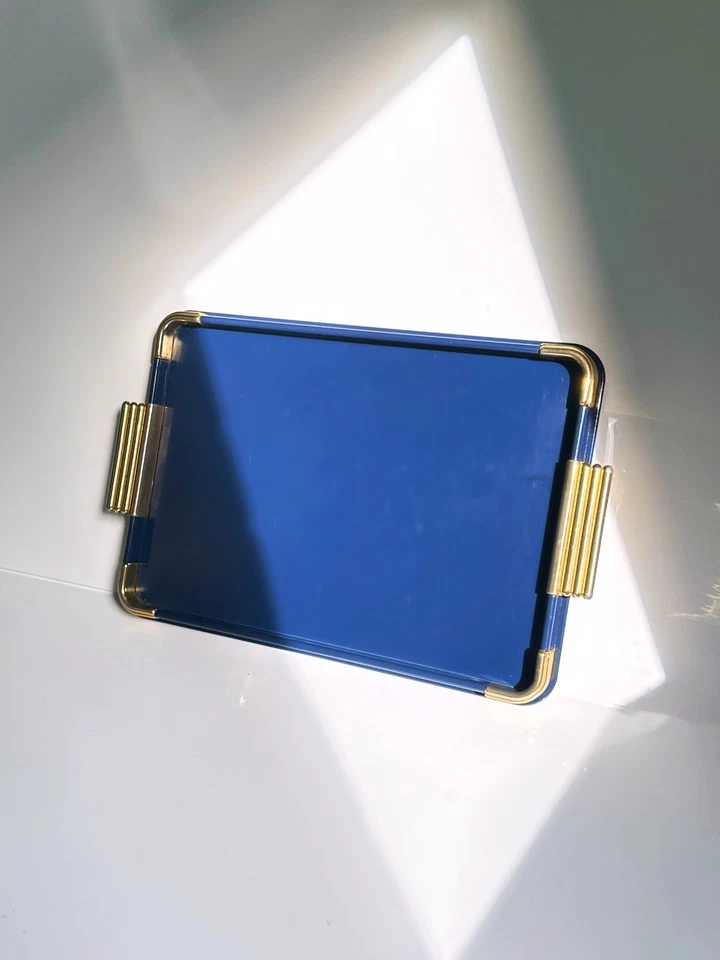 Hollywood Regency Stil Tablett 1980er Blau Gold Platte CL Design Tablett Vintage - Bild 3 von 4