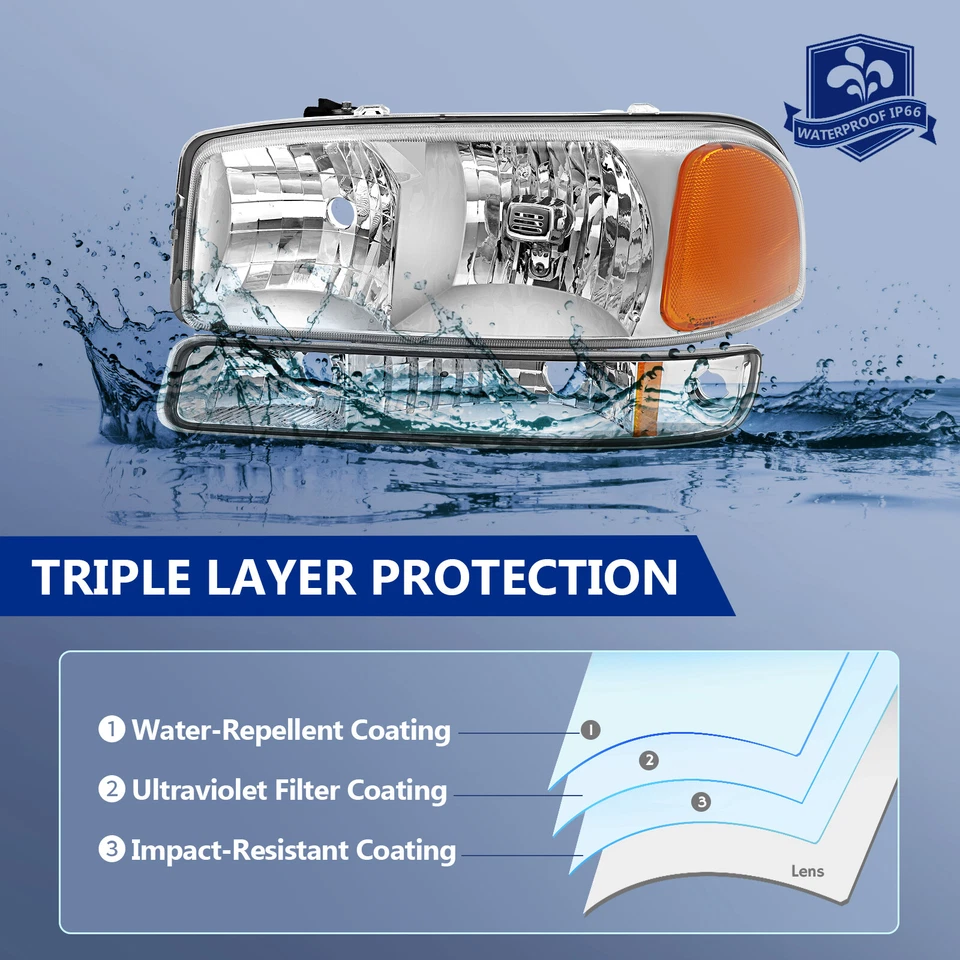 Fits 1999-2006 GMC Sierra 1500 Headlights Assembly Pair Chrome Housing Headlamps - Image 4 of 4