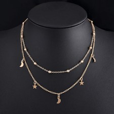 Star and Crescent Moon Gold  Silver Plated Pendant Necklace 16" Choker Necklace
