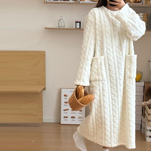 Women Winter Thicken Night Dress Soft Coral Velvet Long Sleeve Sleepwear New M5 - Picture 4 of 19