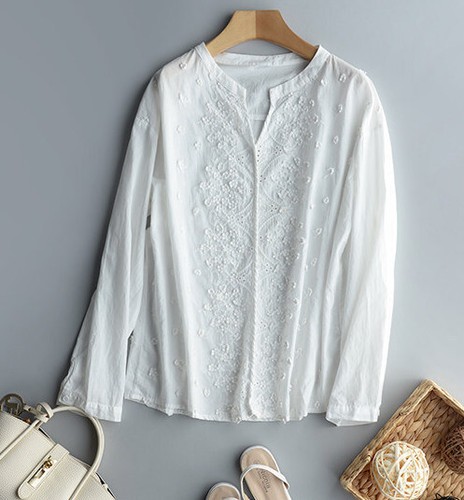 Regular Fit Women Cotton Linen Button Closure Blouse Long Sleeves Top Shirt - Picture 11 of 16