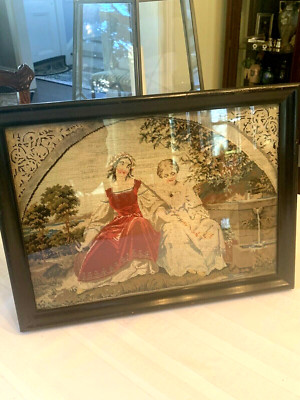 Rare Antique Victorian Figural Needlepoint Sampler Mid 19th Century