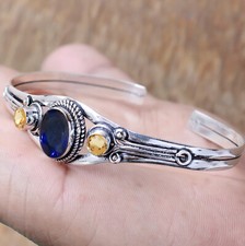 Blue Tanzanite, Citrine Gemstone 925 Sterling Silver Cuff Bracelet Man's Jewelry