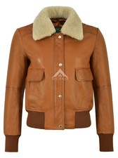 Image of Ladies Petite Bomber Leather Jacket Tan Fur Collar B3 RAF Classic Style 5118