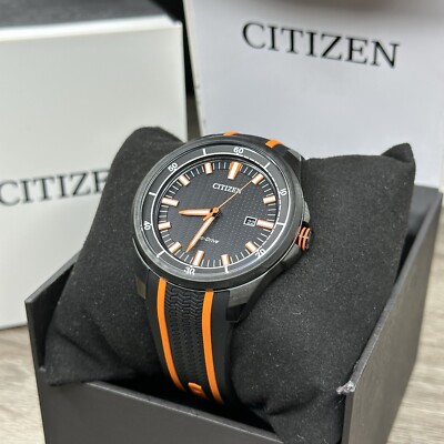 NEW  Citizen Eco-Drive Black Polyurethane Strap Date Dial Men's Watch AW1608-01E