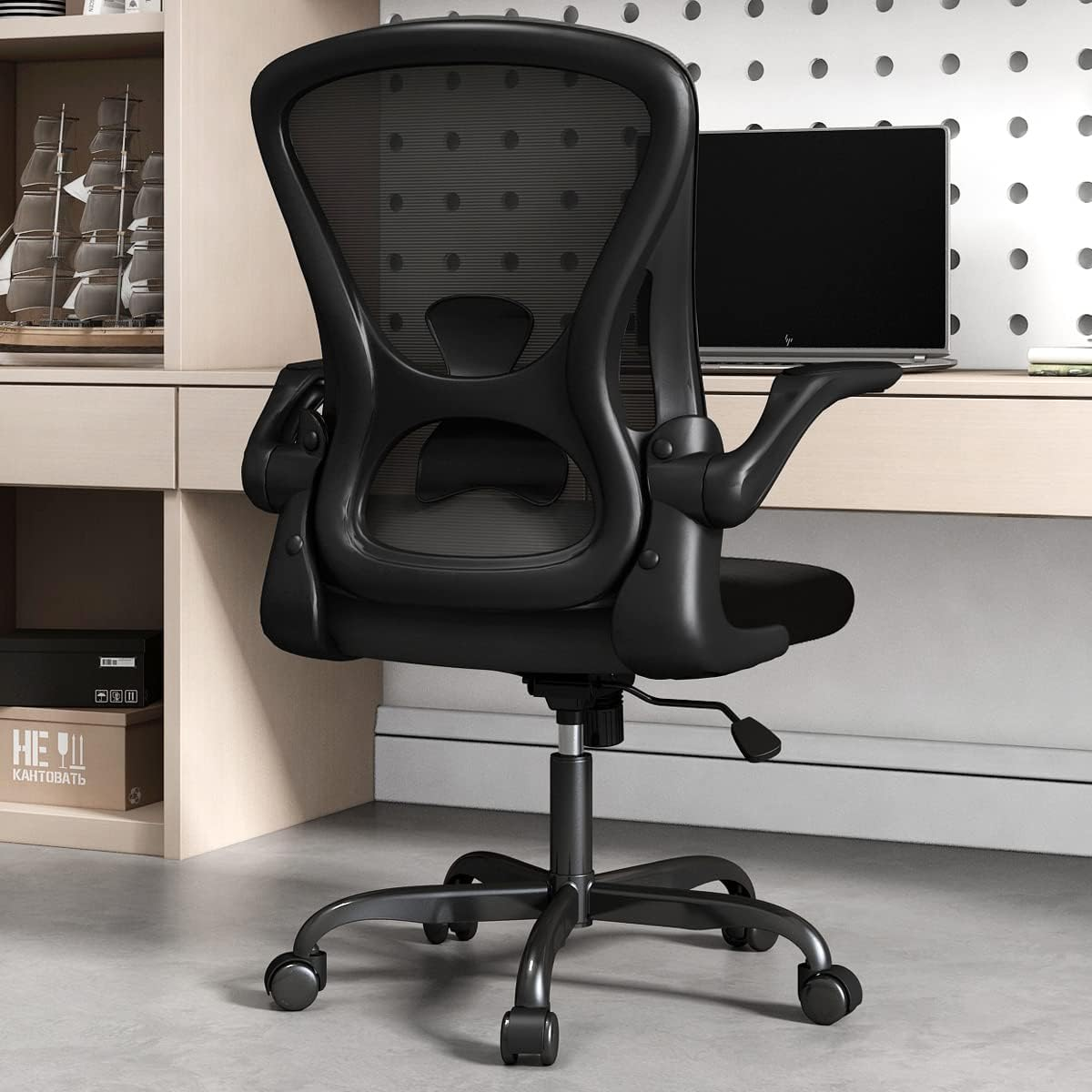 Ergonomic Desk Chair with Padded Flip up Arms and Supportive Lumbar Support, Bre-image