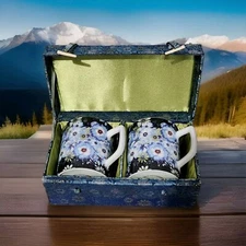 Set of 2 Blue Barnes & Noble Mugs with Blue Floral Silk Box 2006