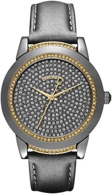 DKNY NY8690 Gray Tone Glitz Crystallized Dial Gray Leather Strap Womens Watch