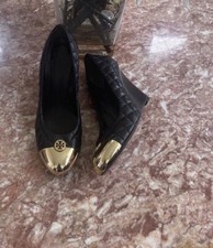 Tory Burch Kaitlin Quilted Black Leather Gold Cap Toe Wedge Pump 7.5M EUC, $325