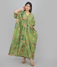 Pure Cotton Floral Print Green Color Women Kaftan Dress, Printed Long Caftan