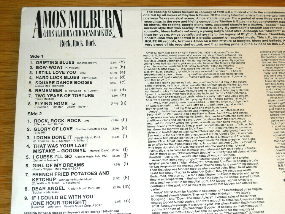 GREAT IMPORT BLUES LP - AMOS MILBURN - ROUTE 66 KIX-21 - "ROCK, ROCK, ROCK"  - Image 2 of 3