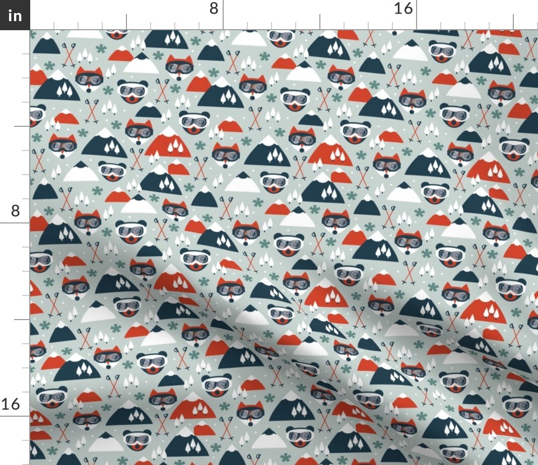 Fox Retro Ski Winter Snow Grizzly Linen Cotton Tea Towels Spoonflower Set of 2