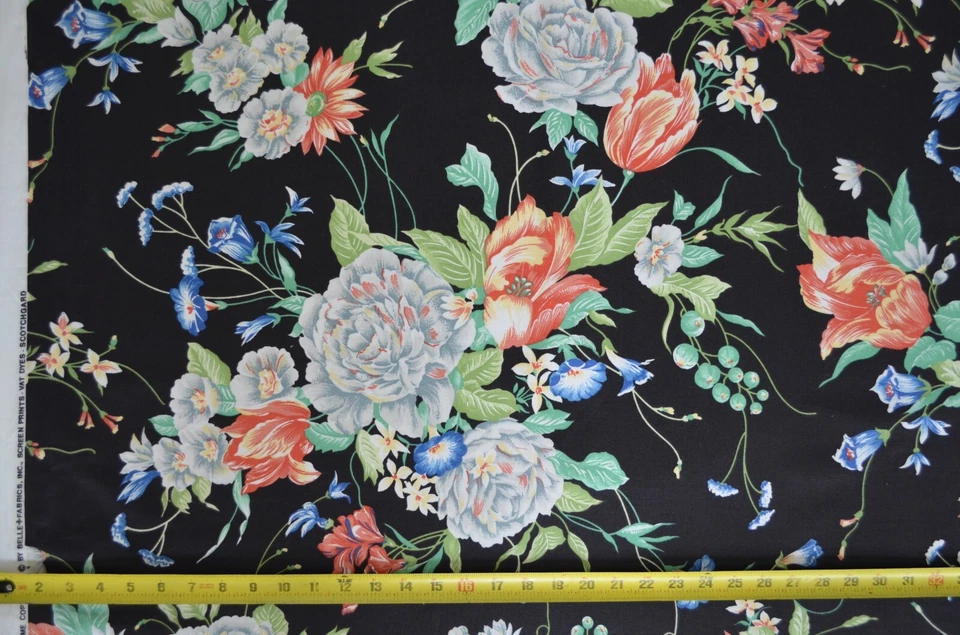 30 YDS DISPONIBLES. DE COLECCIÓN FLORAL ALGODÓN CHINTZ Negro Blanco Melocotón Lima Gran Escala Foto 3 de 4