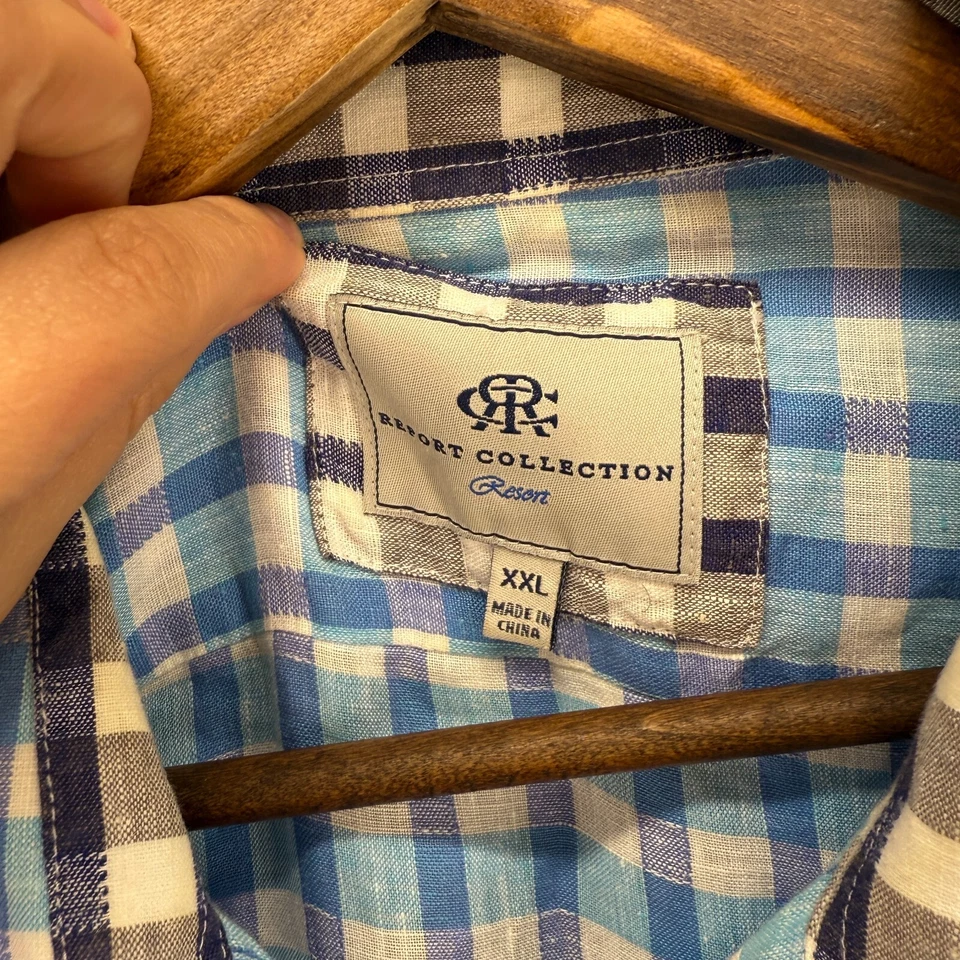 Report Collection Shirt Men 2XL Blue Plaid Button Up Linen Long Sleeve Collared - Image 3 of 4