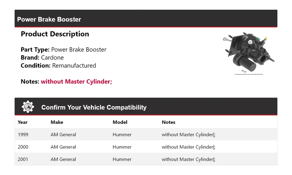 Усилитель тормозов Cardone 2000 для 1999-2001 AM General Hummer - Изображение 2 из 4