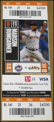 6/24/2017 San Francisco Giants vs New York Mets Ticket Madison Bumgarner deGrom